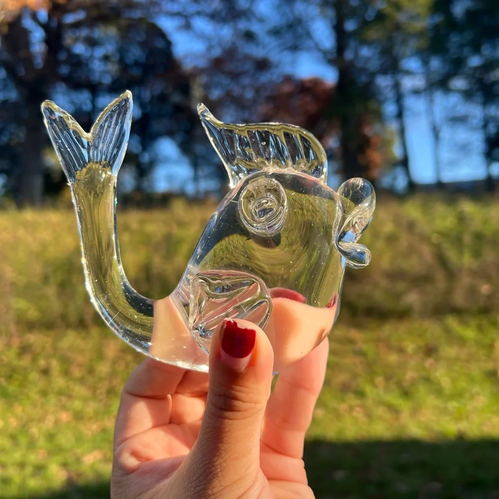 Hand Blown Glass Fish Paperweight Clear 4.5x4 Inches (lil Chip On Tummy)